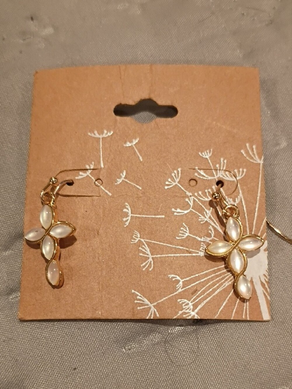 Gold-Tone Drop Earrings with White Opalescent Petals